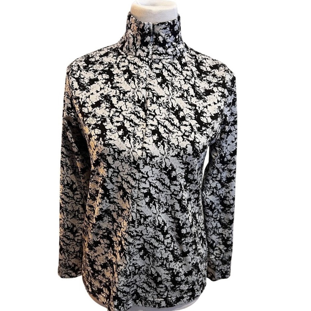 Snoskins Womens Small Black Gray Abstract Marble Quarter Zip Mock Neck Pullover‎